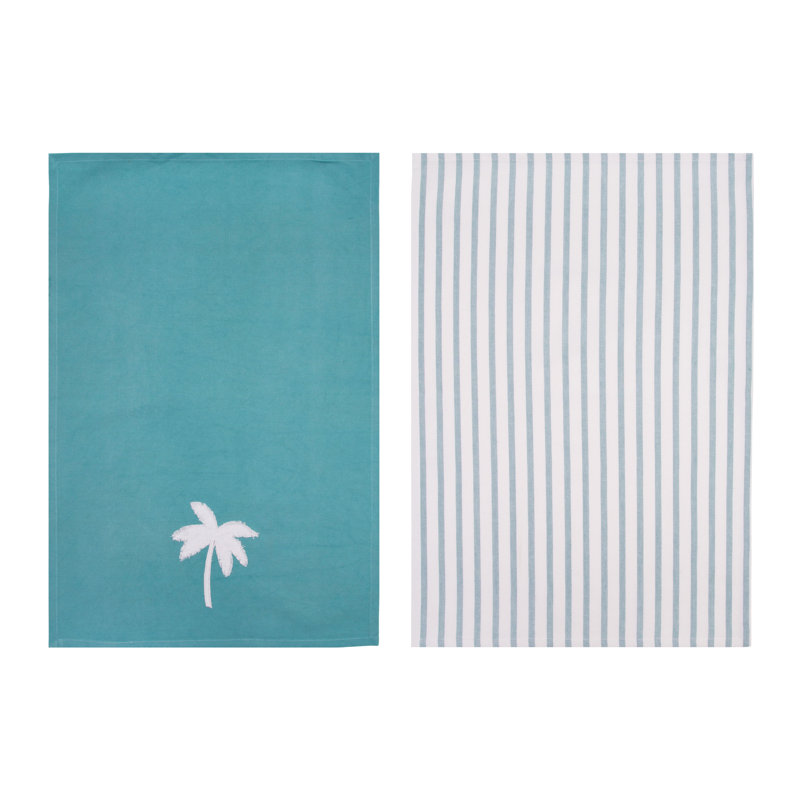 Aqua Palm Tree Stripe Towel Set 2