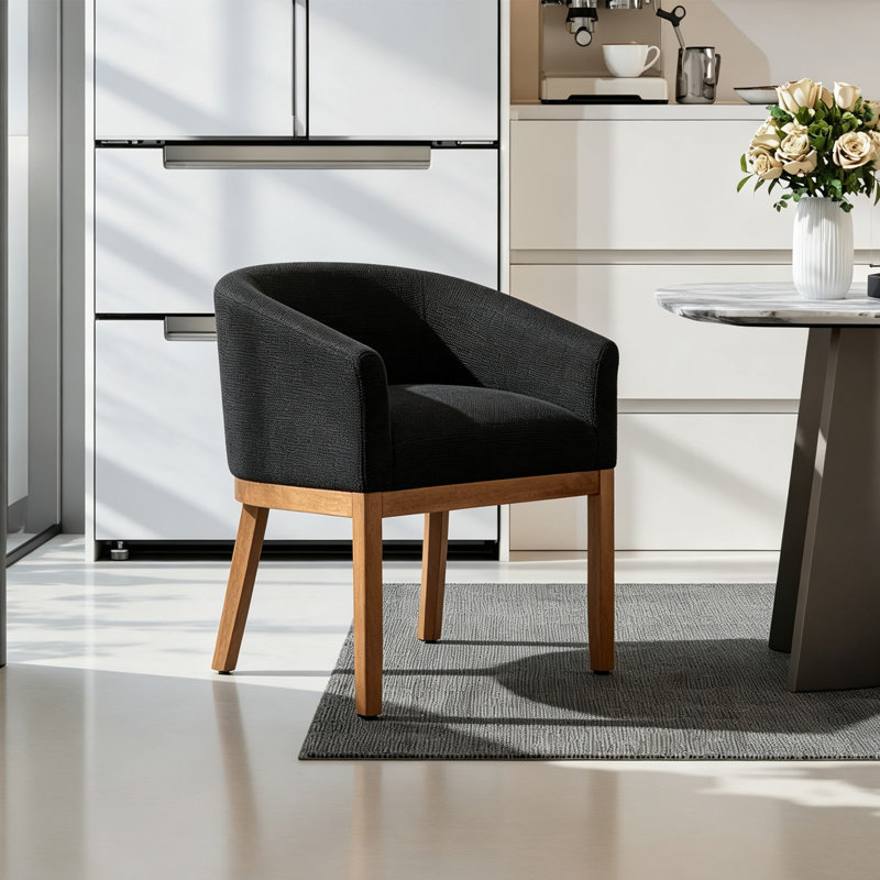 Fauteuil demi-tonneau 24,8 po moderne avec accoudoirs, structure en bois d'hévéa naturel, simple, Noir