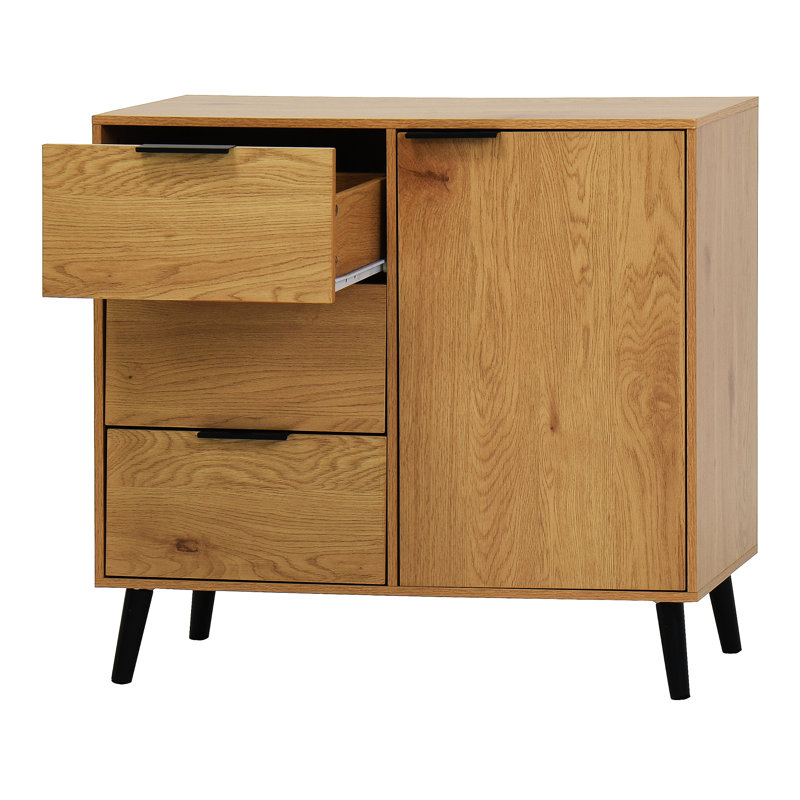 Armoire en bois naturel avec porte et tablette réglable pour rangement de salle de bain 3 tiroirs