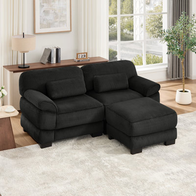 Canapé modulaire en forme de L 76,4 pouces Cloud Couch, canapé 2 places avec repose-pieds, coussins de siège épais et confortables, tissu en velours côtelé respirant, noir pour le salon