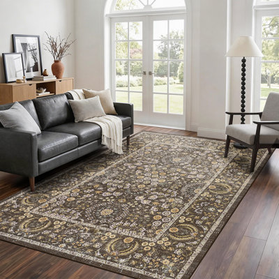10x13 Vintage Boho Floral Low Pile Carpet Washable Soft Non Slip Rug with Stain Resistant Material for Multiple Indoor Spaces, Brown