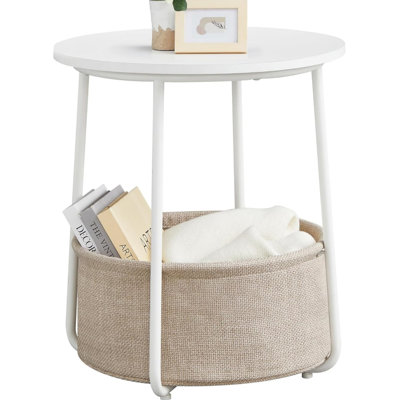 End Table Round with Storage Basket, Compact Metal Side Table with Fabric Caddy Bin, Space-Saving Accent Stand for Living Room, Reading Nook & Small Apartment