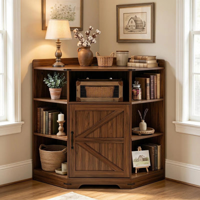 Armoire de coin en bois à 6 casiers avec station de charge, tablettes de rangement amovibles réglables, prises USB Type-C et AC intégrées, organisateur de rangement industriel pour salon, bureau, salle de jeux (noyer)