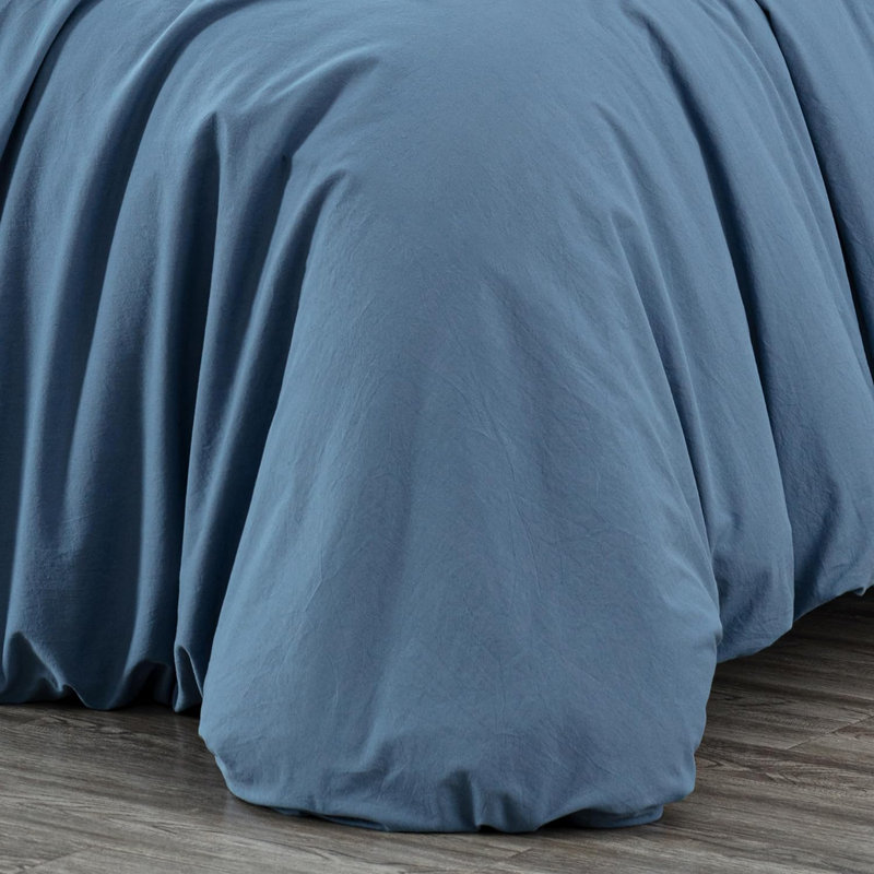  Solid Color 100% Washed Cotton Duvet Cover Set , Blue, King Duvet Cover + 2 King Shams