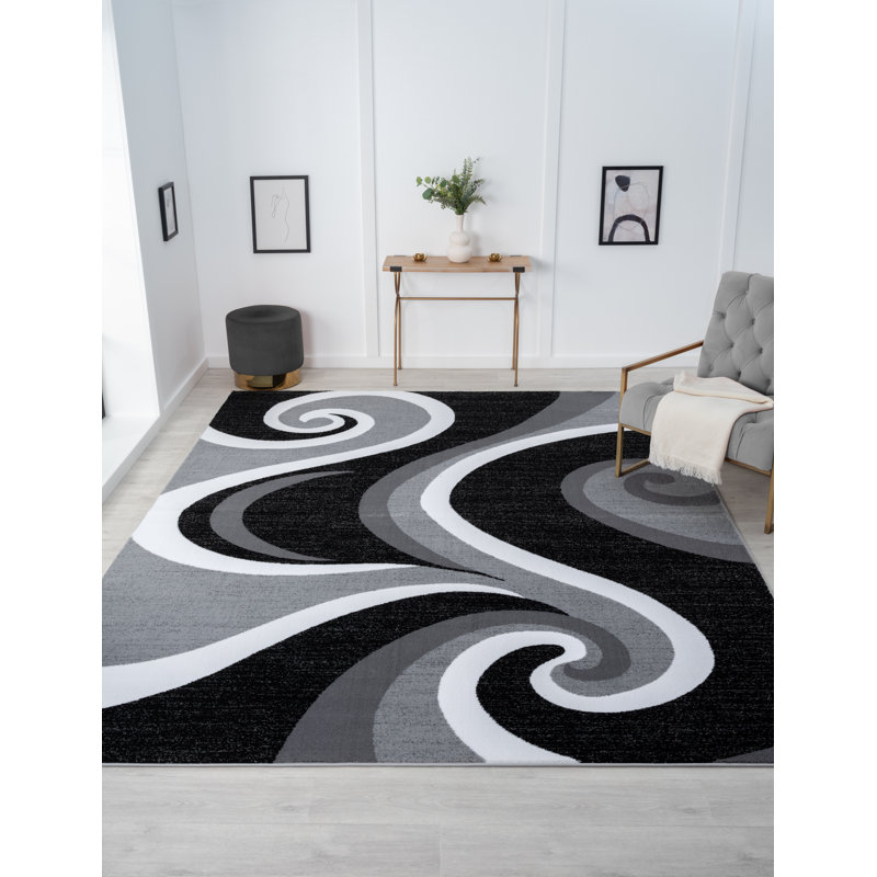 Abstract Machine Woven Gray/Black Area Rug, Rectangle 4' x 5'