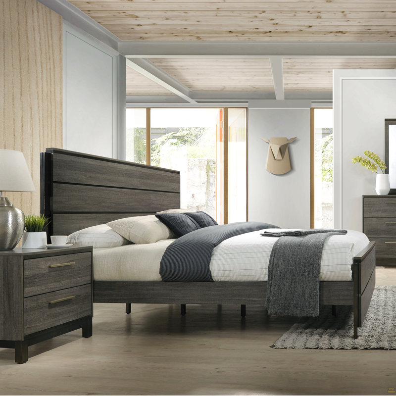 Wood Panel Bed, Gray Finish, King