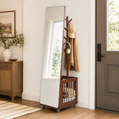 Portemanteau à miroir pleine grandeur en bois d'hévéa noyer avec panier de rangement pour chambre à coucher