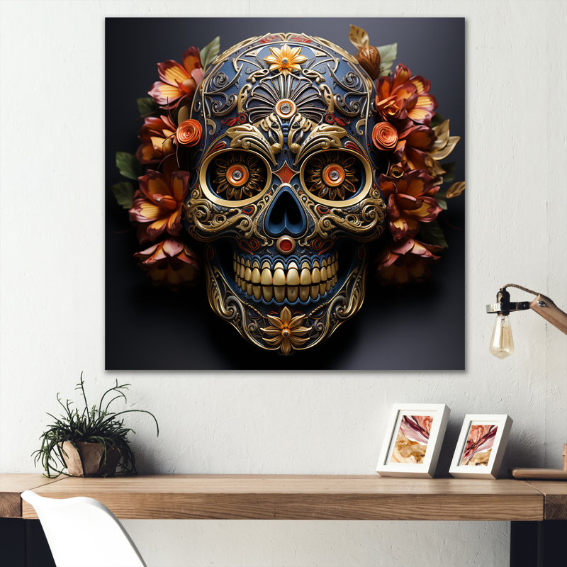 Or floral, crâne mexicain I - art mural crâne, Toile tendue, H 36 po x l 36 po