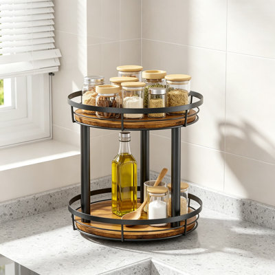 Wood Lazy Susan Spice Rack Organizer, Two Tier Rotating Turntable for Kitchen Cabinet, Countertop, Pantry, Tabletop, Condiment and Seasoning Storage