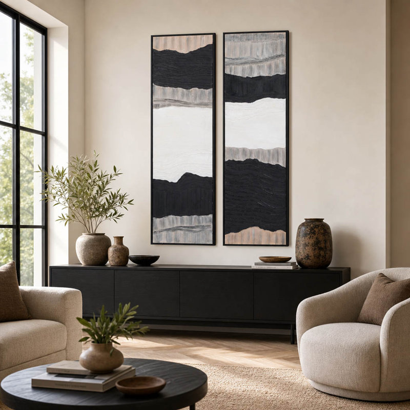 Art mural moderne sur toile noir, ivoire et gris 70 po Cosey - ensemble de 2.