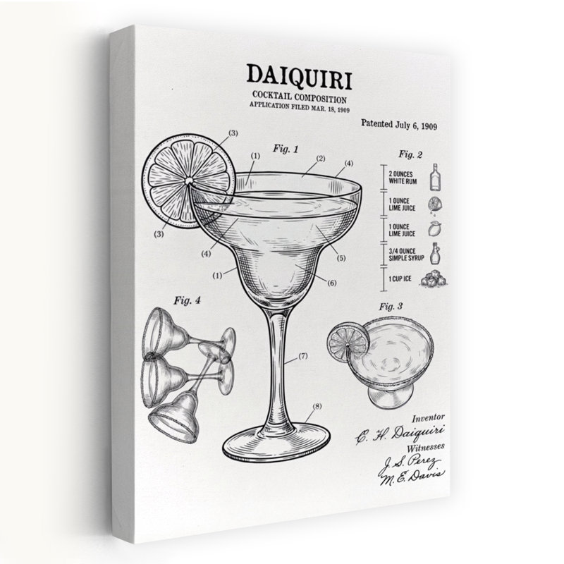 Daiquiri Cocktail Brevet Classic, impression murale rétro, White, 24" H x 16" W