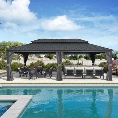 Pavillon de jardin permanent en aluminium 14 po x 24 po à toit rigide avec toit double en acier galvanisé pour terrasse et jardin, rideaux et filet inclus, gris