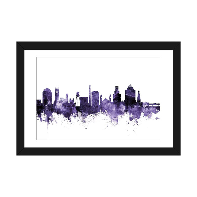 «Durham, North Carolina Skyline» par Michael Tompsett, impression, H 24 po x l 32 po x P 1 po, Papier avec cadre noir, Blanc
