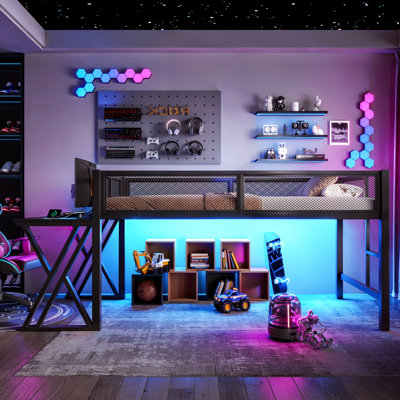 Gaming Loft Bed With Desk, LED Lights & USB Charging Station, Twin XL / Full Size Metal Loft Bed With Staircase & Mesh Guardrails, Space-Saving Industrial Loft Bed Frame For Dorms, Teens & Bedrooms ā Black X-Shaped Frame