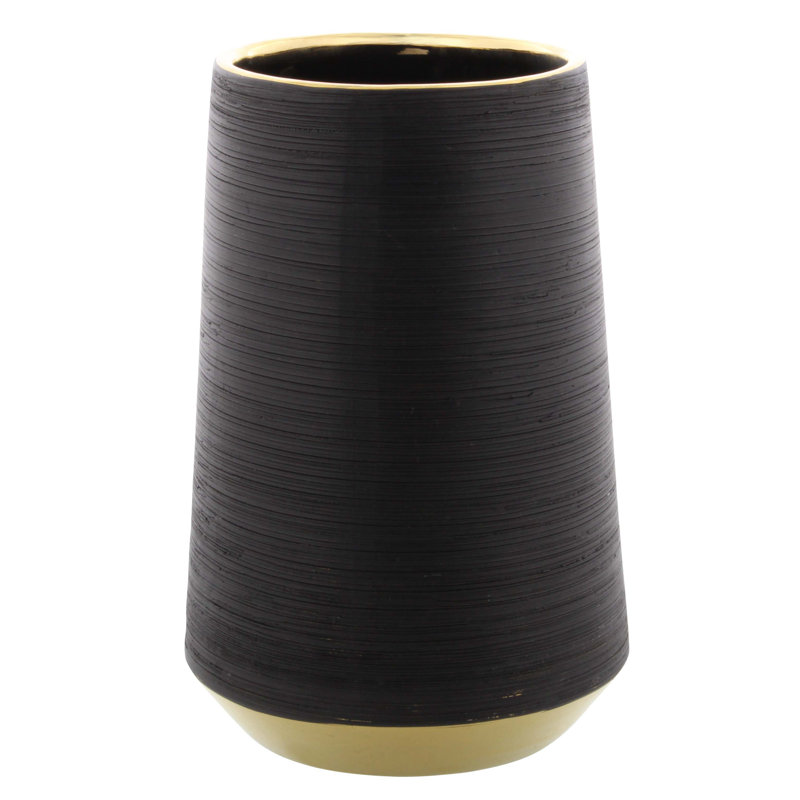 Porcelain Ceramic Ribbed Black Decorative Vase with Gold accents, 8" H x 5" W