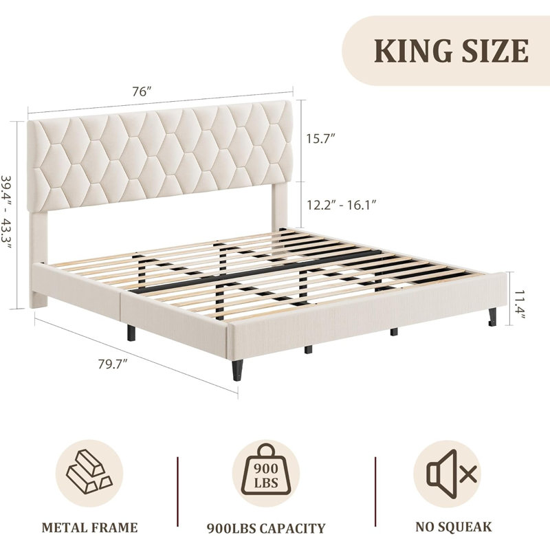 King Upholstered Bed Frame, Heavy-Duty Wood Slats, Beige, Beige, King