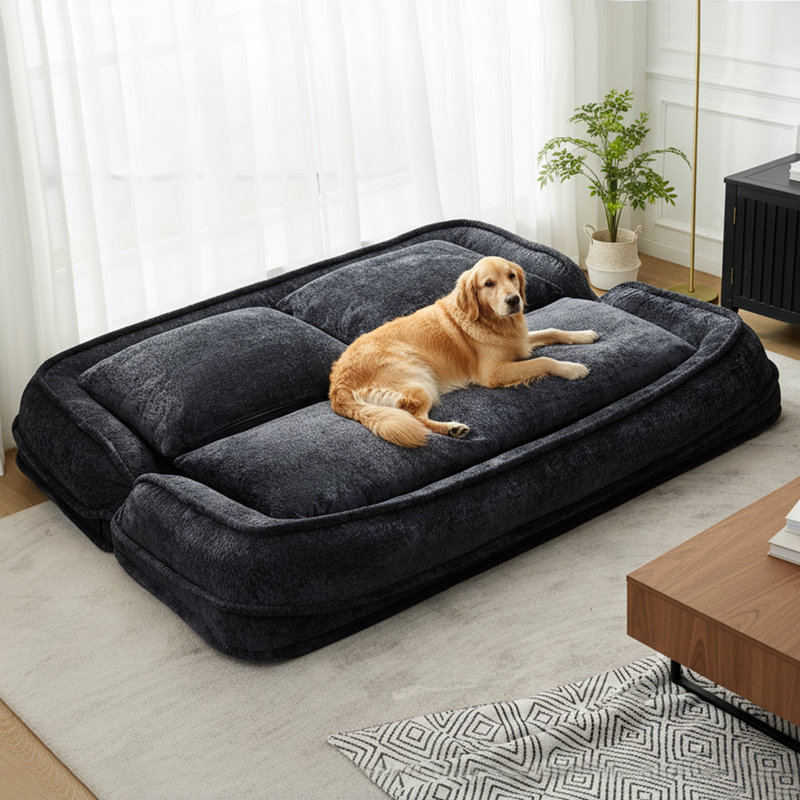 Canapé-lit surdimensionné en chenille de 71 po avec lit réglable pour grand chien de 71 po, noir, Noir