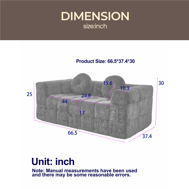 Canapé moderne de 66,5 pouces sans os avec deux coussins décoratifs circulaires, tissu en polyester à poils longs texturé litchi doux pour la peau, canapé à deux places en mousse à carreaux