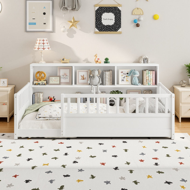 Twin Size Wooden Floor Bed With Extra-High Safety Guardrails, Side Storage Decorative Function, Twin, White