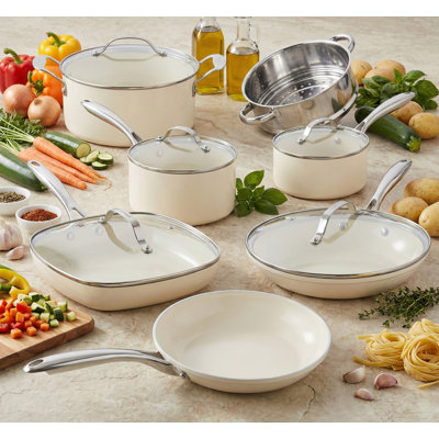 Gotham Steel Naturals Cream 12 Piece Ultra Nonstick Ceramic Cookware Set with Stay Cool Handles, Oven & Dishwasher Safe