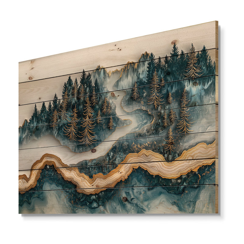 Paysage de forêt hivernale avec rivière Crystal III - impression sur bois de forêt - sur bois de pin naturel
