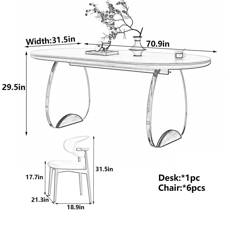 Table de salle à manger Modern, 7 pièces : table, 6 chaises, H 29,5 po x l 70,9 po x P 31,5 po