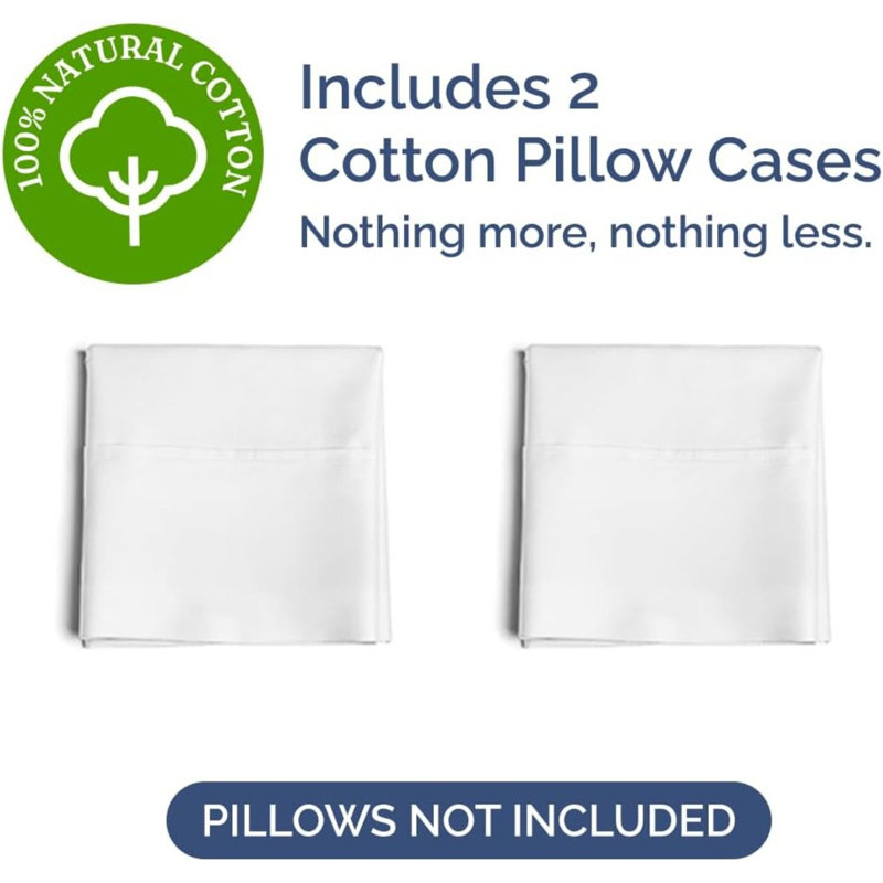 100% Cotton Pillowcase Set, 400 Thread Count Hotel Luxury Pillowcases, Soft & Breathable, Set of 2, Queen, White