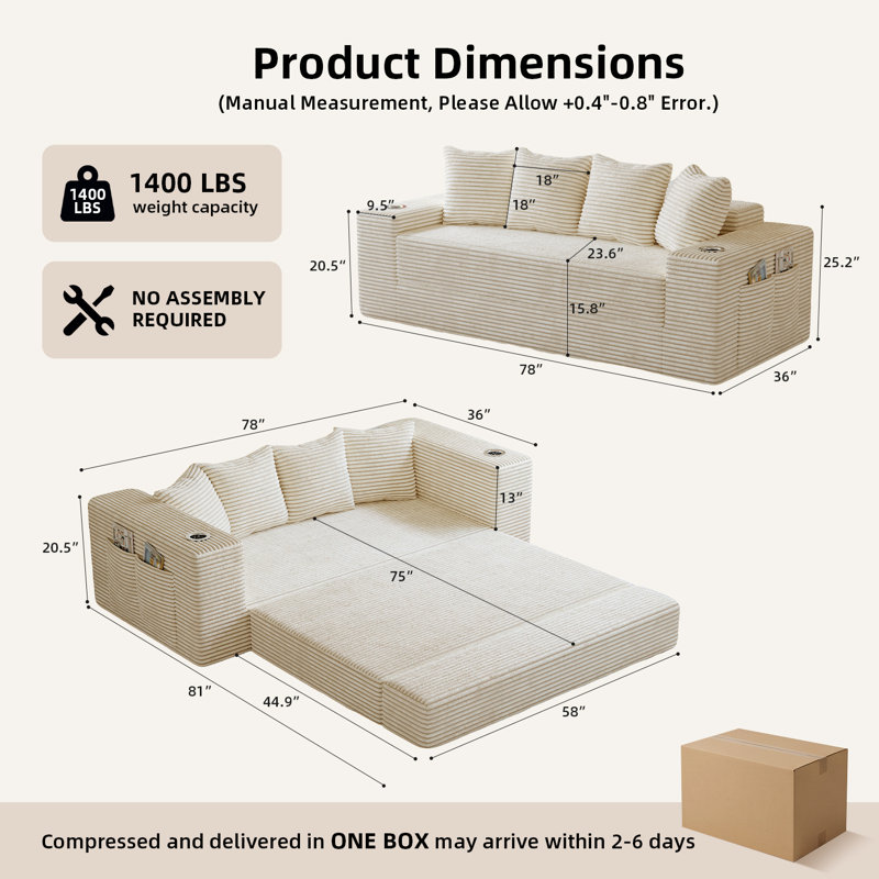 Upholstered 78 " Cotton Sofa, White
