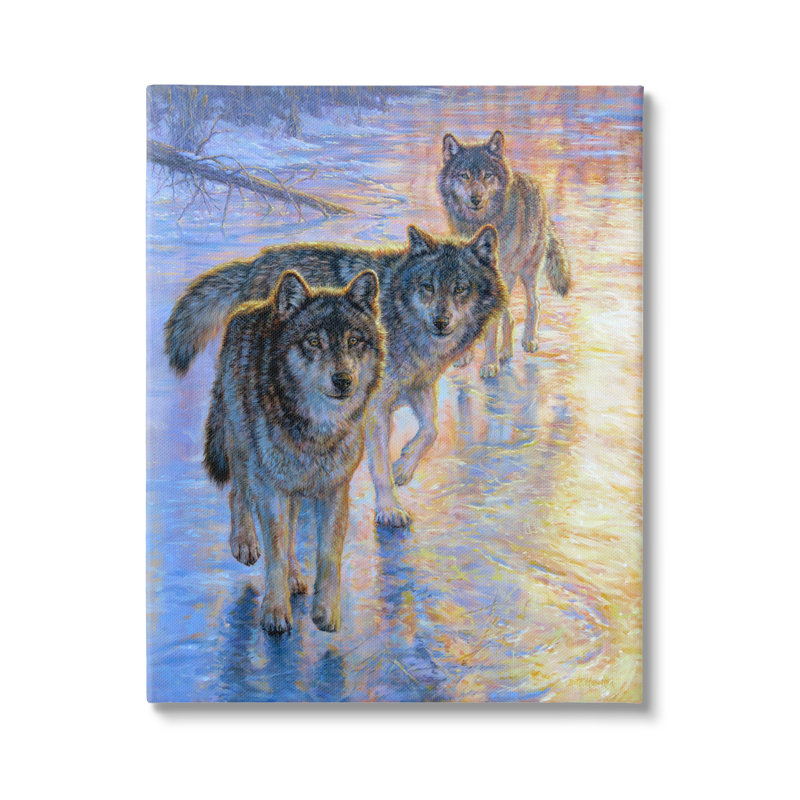 «Sunlit Wolf Trio», peinture sur toile, H 20 po x l 16 po x P 1,5 po