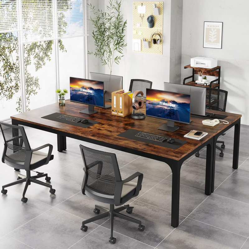 200cm W Metal Base Computer Desk, Brown, Black