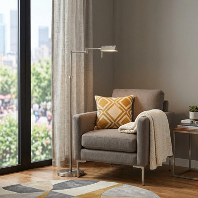 Lampe sur pied à bras articulé réglable en métal nickelé de 155 cm avec abat-jour gris