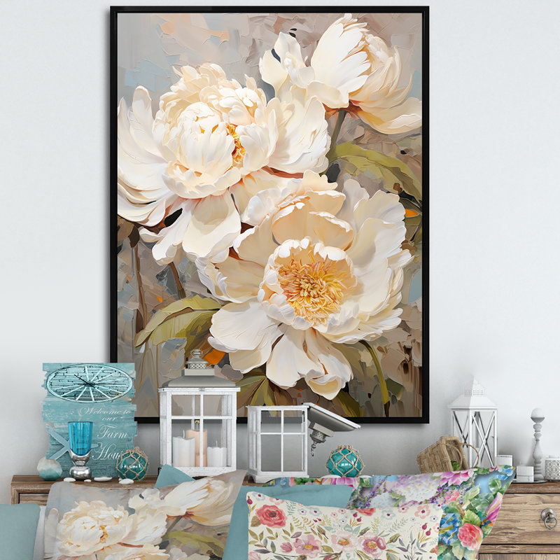 «Beige fragrant pivoine» sur toile, H 32 po x l 16 po x P 1 po, Cadre flottant noir