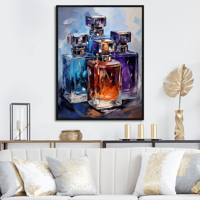 Bleu et mauve, bouteilles parfumées, élégance - Parfums, art mural, Cadre flottant noir, H 32 po x l 24 po