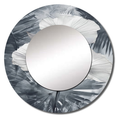 Greenburg Tropical_Palm_Art_For_Ginkgo Art II - Gray Large Wall Mirror, Traditional Round Decorative Mirror, Printed Metal Art