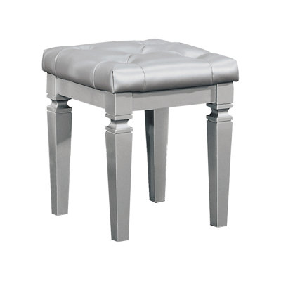 Modern Glam Bedroom Furniture 1Pc Vanity Stool Luxury Silver Finish Faux Leather Tufted Seat Foam Cushion