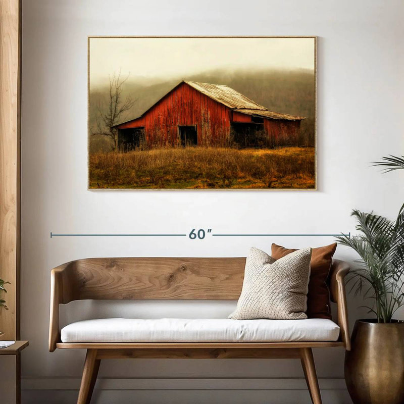 Skylight Barn dans le brouillard, Cadre flottant en bois naturel, 46 po x 31 po
