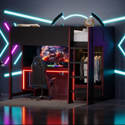 Wood Black Gaming Loft Bed with Desk, Wardrobe, LED Lights and Storage Drawer, Wood Frame for Kids Teens