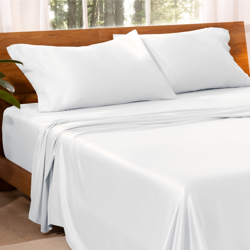 TENCEL Sateen Sheet Set, White, Split King Sheet Set with 2 King Pillowcases