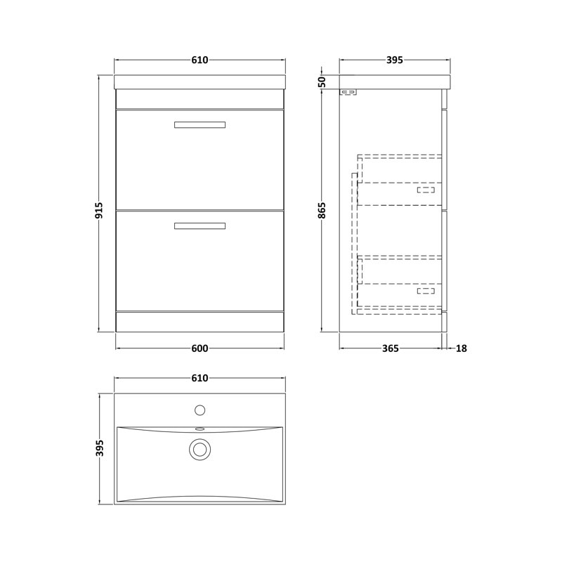 Athena 610mm Single Bathroom Vanity with Integrated Ceramic Basin, Charcoal Black