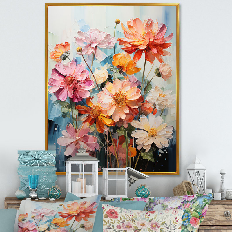 Collage de fleurs claires Zinnias III, H 40 po x l 30 po x P 1,5 po, Or