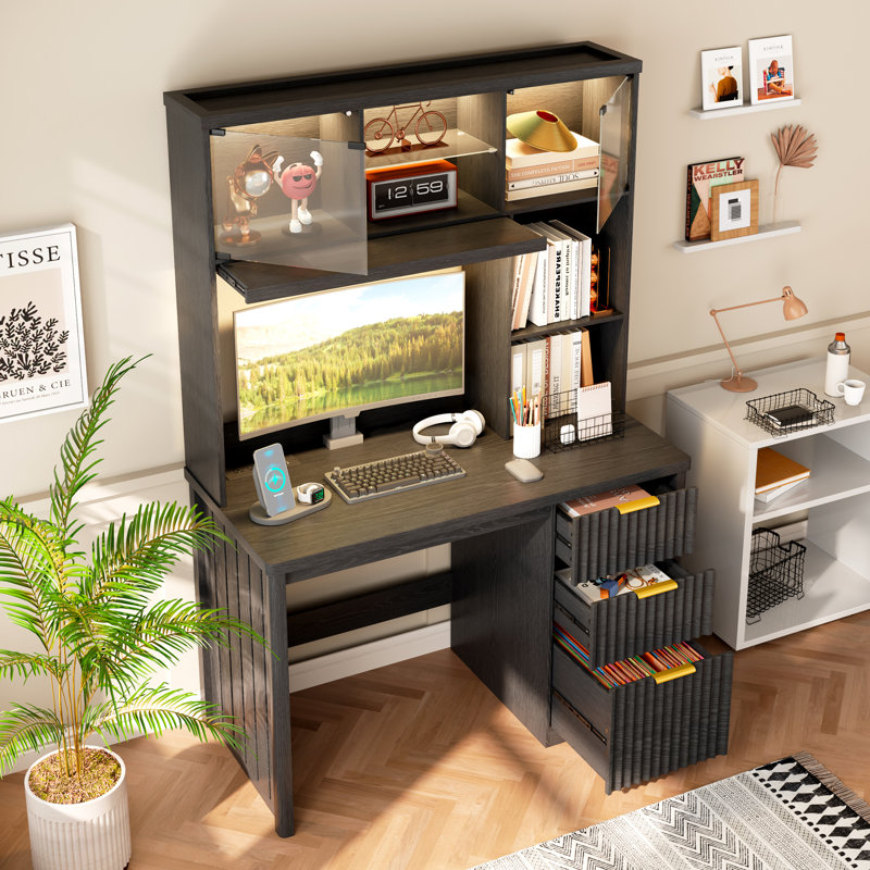 47.2" Home Office Desk With File Drawer, Led Lighting And Smart Sensor, Computer Desk With Hutch And 3 Drawers, Black