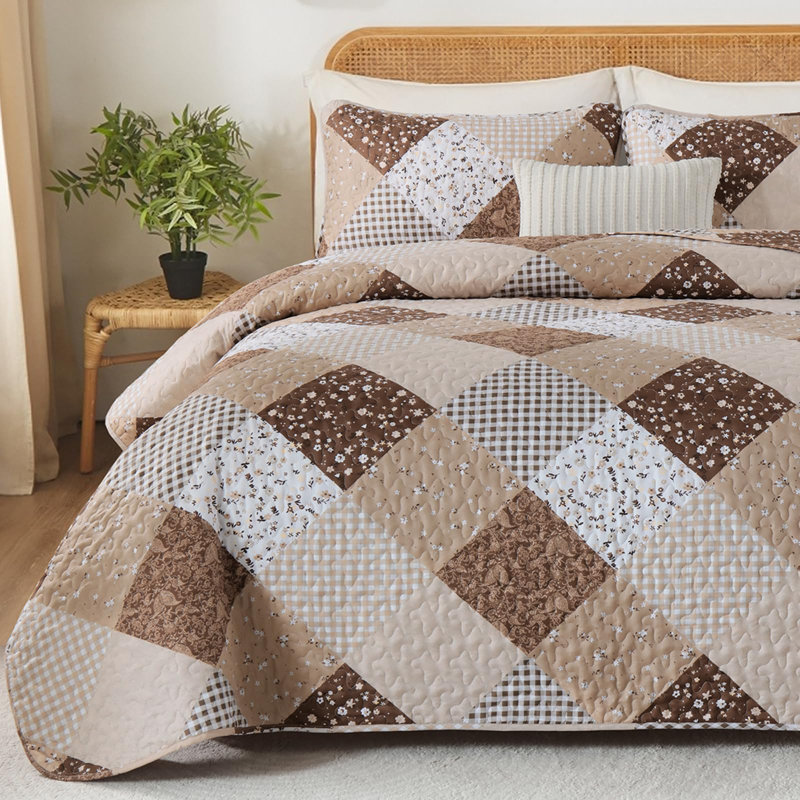 Ensemble de courtepointe réversible à motif floral 3 pièces 3 pièces, Courtepointe pour lit grand + deux taies décorati