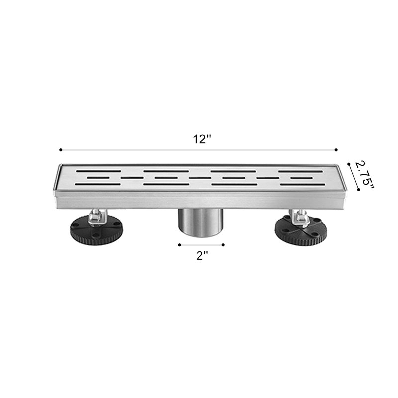 12 Inch Linear Shower Drain With Removable Brick Patterned Grate Cover, 304 Stainless Steel Shower Floor Drain With Hair Strainer And Leveling Feet
