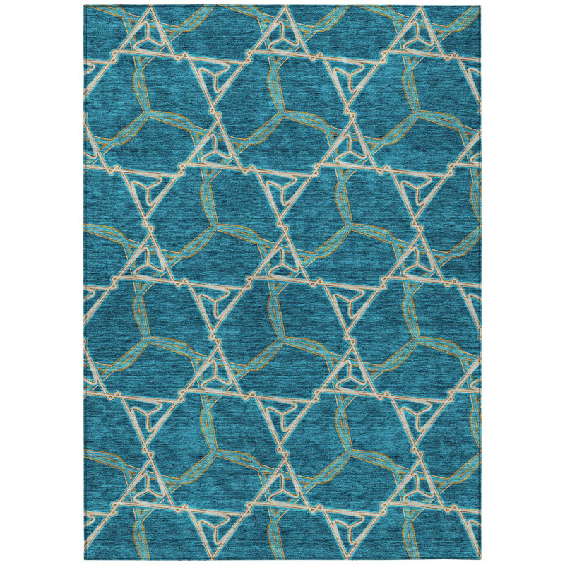 Tapis bleu sarcelle à motif géométrique 3 pi x 5 pi bleu et beige