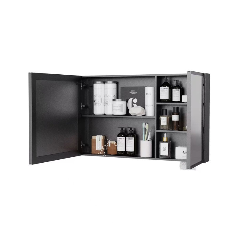 Armoire à pharmacie en aluminium noir à DEL avec lumière blanche une couleur et tablettes ouvertes, Matte Black
