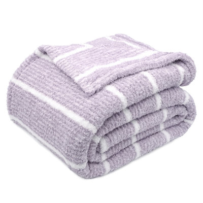 Oversized Cozy Knit Look Throw Blanket – Cloud-Soft Plush Printed Fleece, Lightweight & Breathable for All Seasons, Easy Wash & Durable for Bed & Sofa - Gray Purple Stripe, Queen 90" x 90"