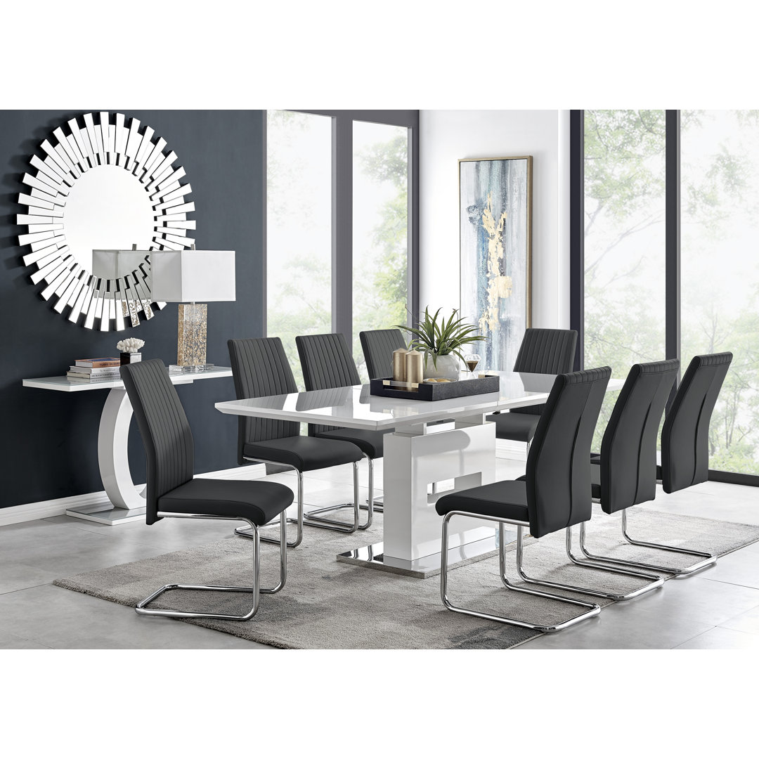 Areza High Gloss Extendable Dining Table Set with 8 Luxury Faux Leather Dining Chairs East Urban Home Chair 