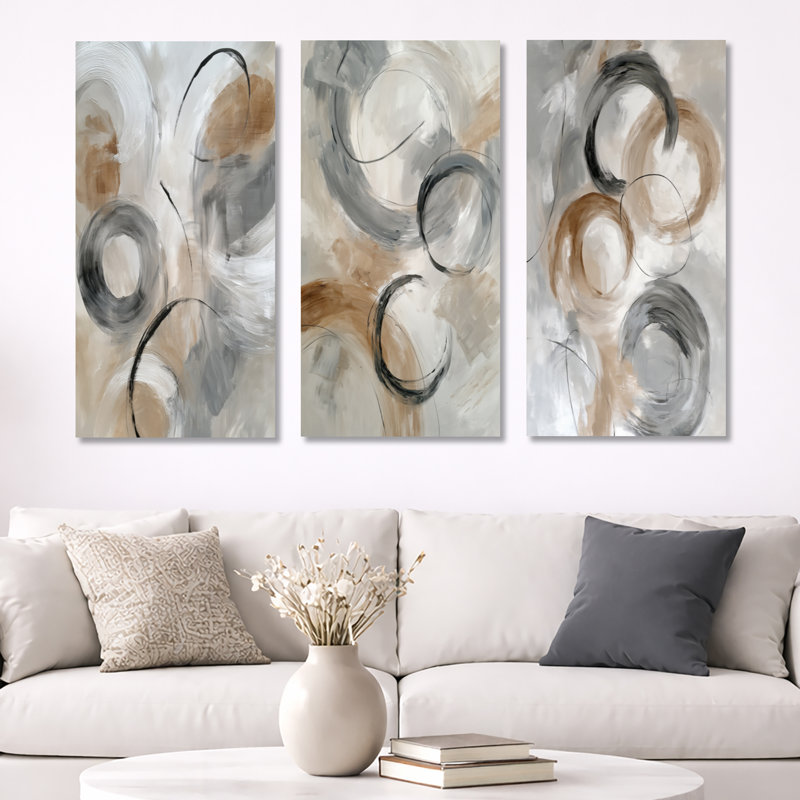 3 pièces d'art mural encadré abstrait gris et gris, 40" H x 60" W, Wrapped Canvas