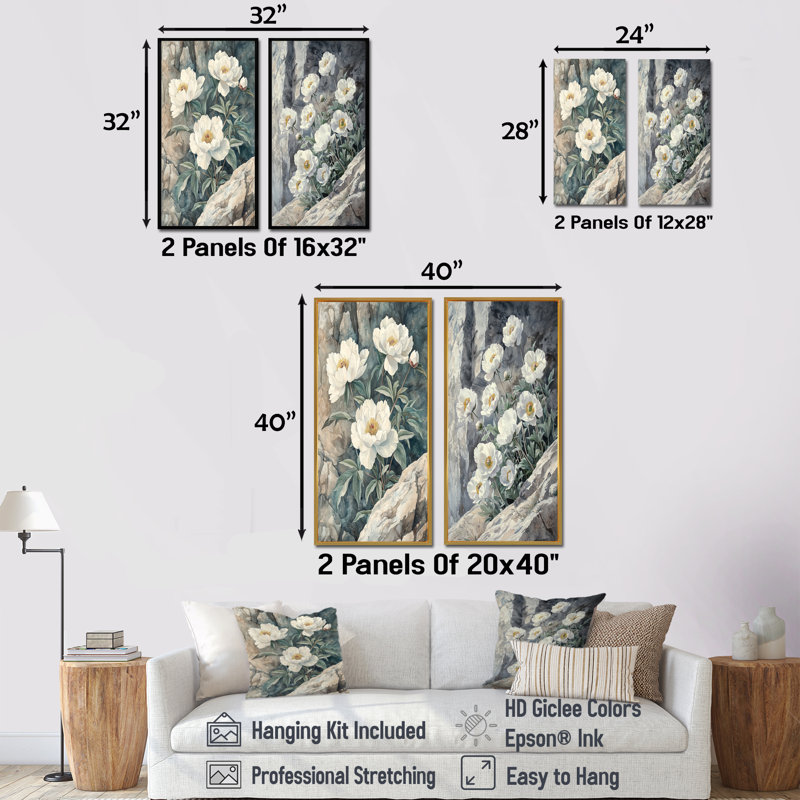 Pivoines monochromes au bord de la falaise I - collection d'art mural floral 2 pièces, H 40 po x l 41 po, Toile tendue