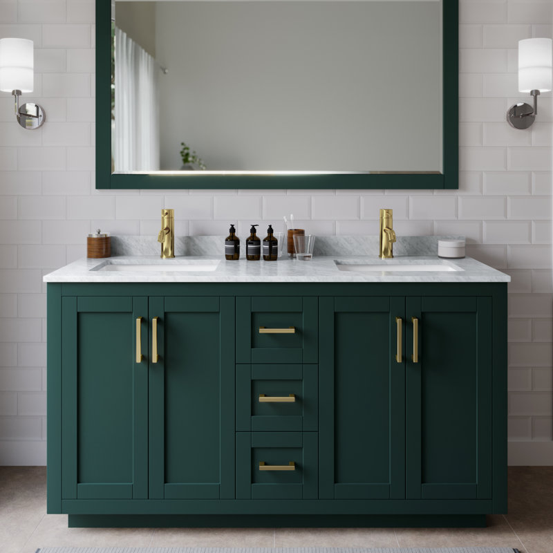 Meuble-lavabo double autoportant 60 po avec plateau en marbre Miranda, Vert, Or brossé